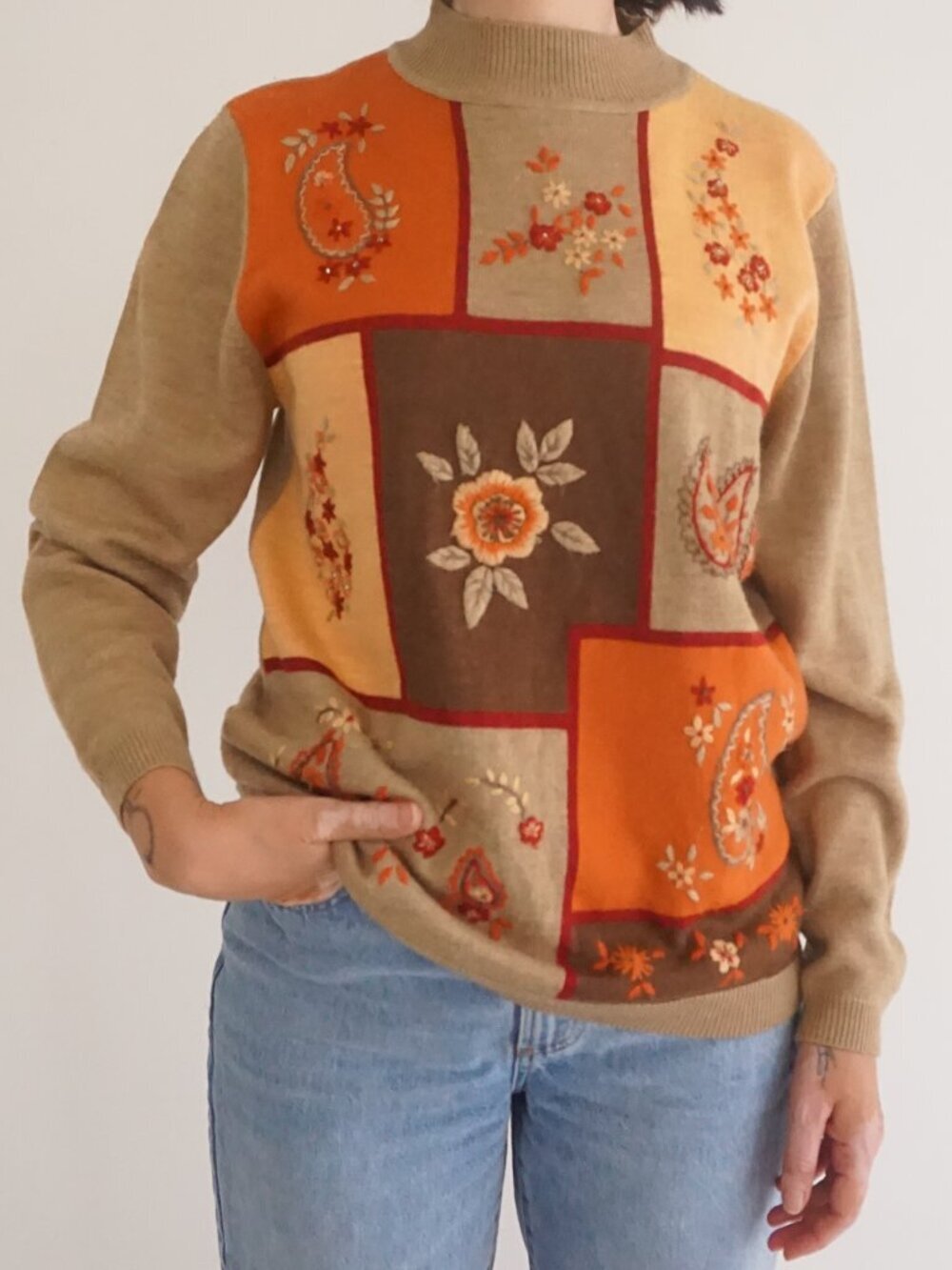 Vintage Alfred Dunner Tan Floral Patchwork Mock Sweater Embroidered Paisley S